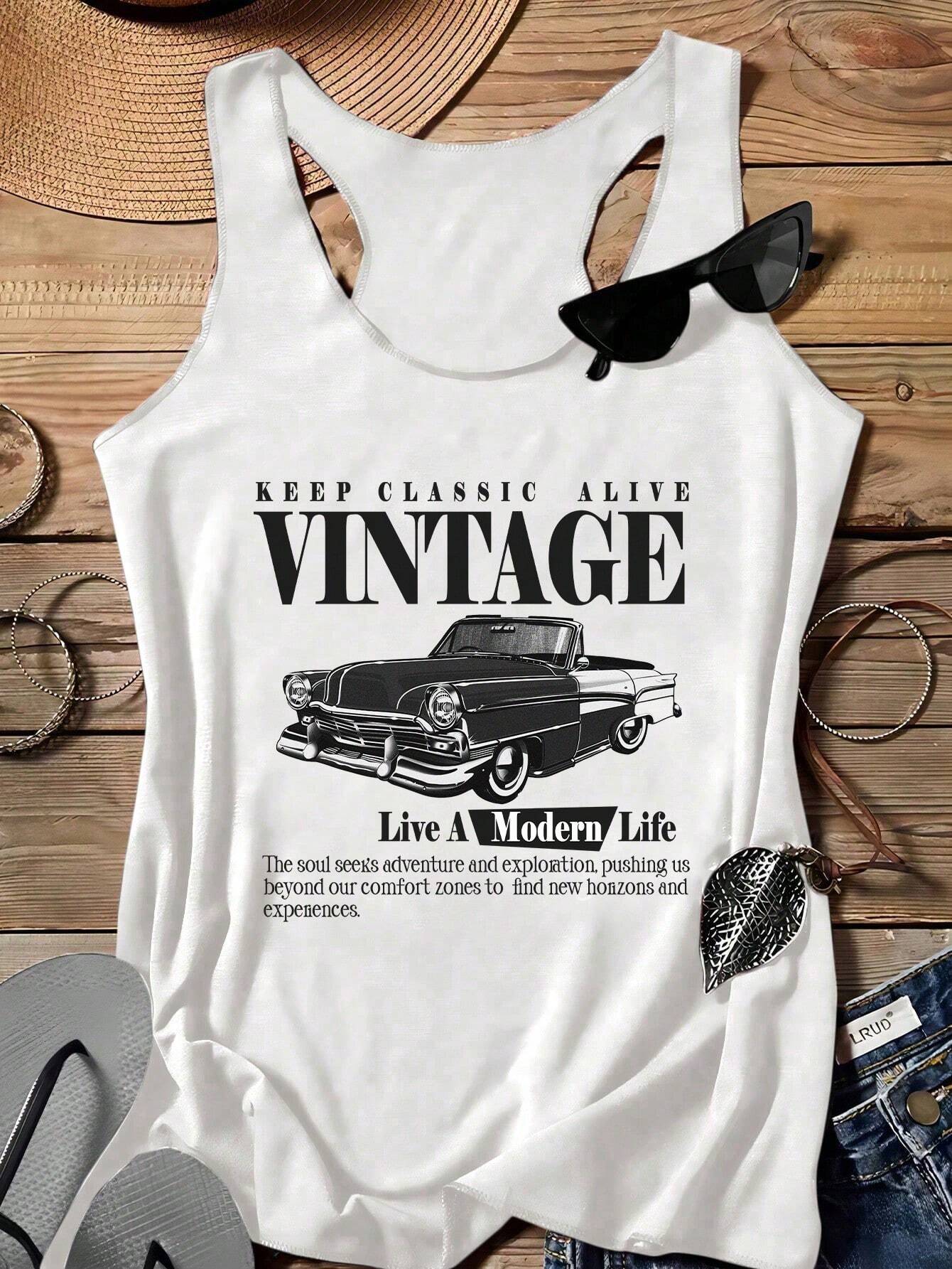 Attitoon Women's Casual Vintage Car Graphic Muscle Tank Top