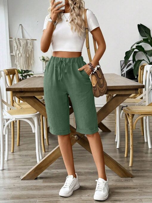 SHEIN LUNE Elastic Waist Faux Linen Summer Casual Shorts - Image 3