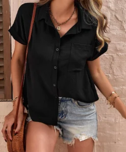 SHEIN LUNE Patched Pocket Batwing Sleeve Shirt,Short Sleeve Tops
