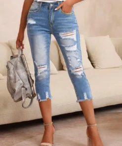 SHEIN Slim Fit Ripped Women's Denim Capri Pants