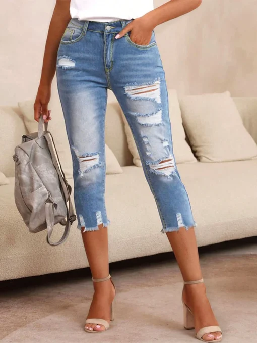 SHEIN Slim Fit Ripped Women's Denim Capri Pants