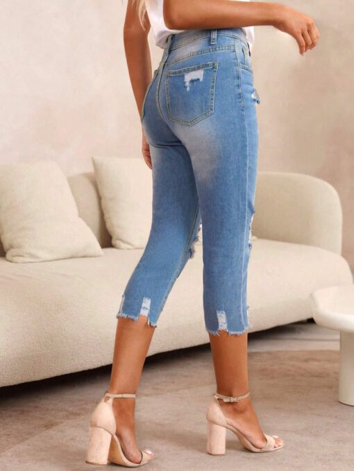 SHEIN Slim Fit Ripped Women's Denim Capri Pants - Image 2