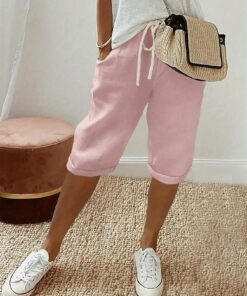 Women Solid Color Drawstring Waist Pockets Casual Shorts