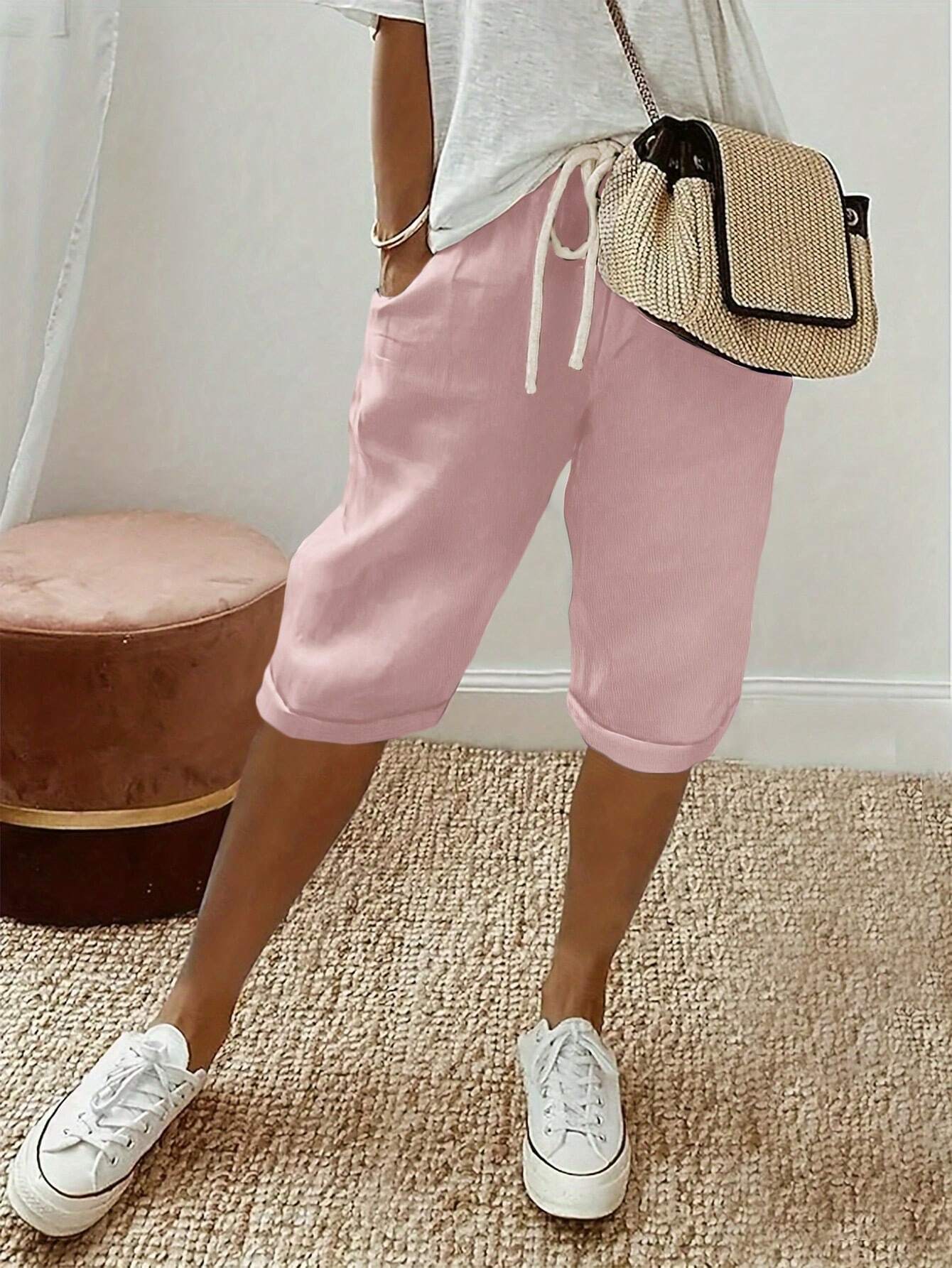 Women Solid Color Drawstring Waist Pockets Casual Shorts