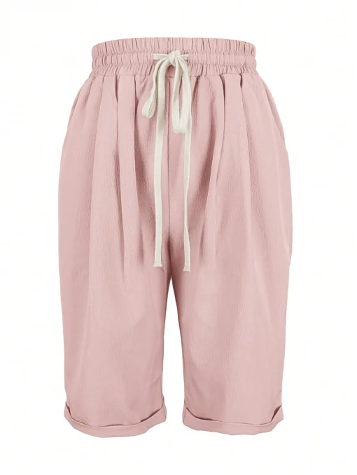 SHEIN Women Solid Color Drawstring Waist Pockets Casual Shorts - Image 3