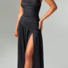 SHEIN Women Solid Color Off The Shoulder Ruched A-Line Midi Dress