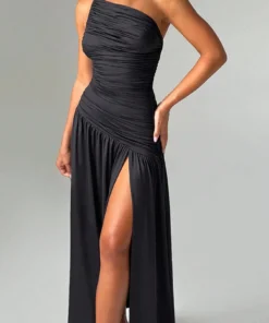 SHEIN Women Solid Color Off The Shoulder Ruched A-Line Midi Dress