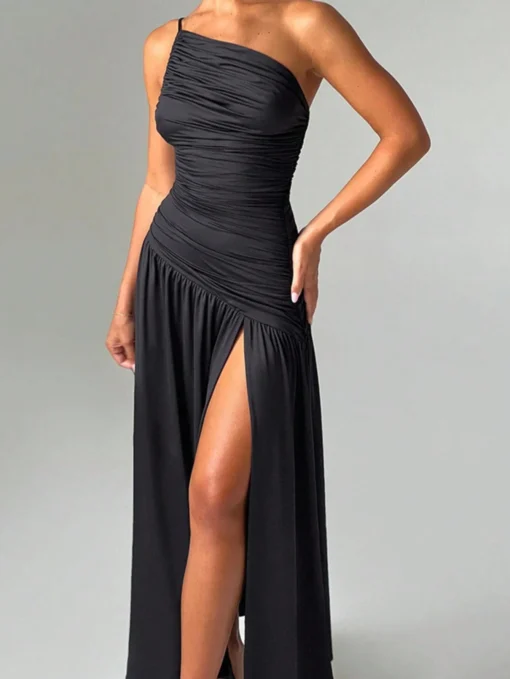 SHEIN Women Solid Color Off The Shoulder Ruched A-Line Midi Dress
