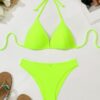 SHEIN Swim Basics Women Fluorescent Green Halter Neck Bikini