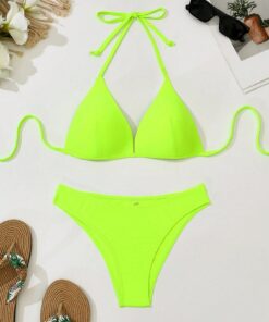 SHEIN Swim Basics Women Fluorescent Green Halter Neck Bikini
