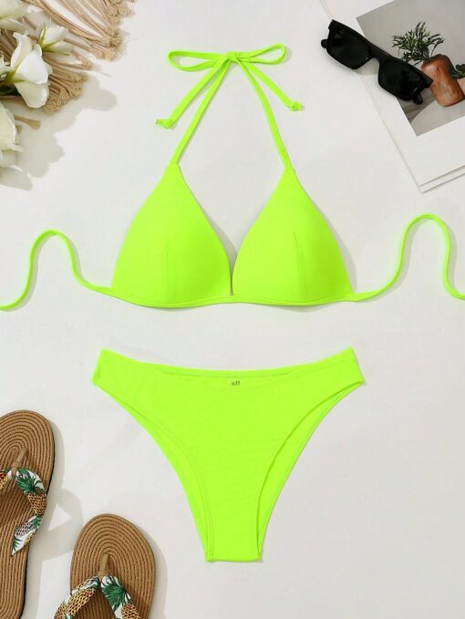 SHEIN Swim Basics Women Fluorescent Green Halter Neck Bikini