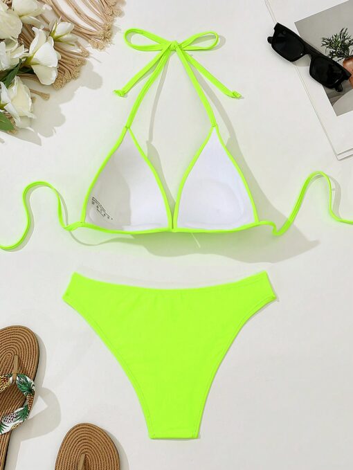 SHEIN Swim Basics Women Fluorescent Green Halter Neck Bikini - Image 3