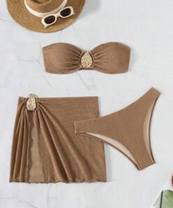 SHEIN 3pcs New Fashion Sexy Solid Color Bikini Set Brown Bathing Suit