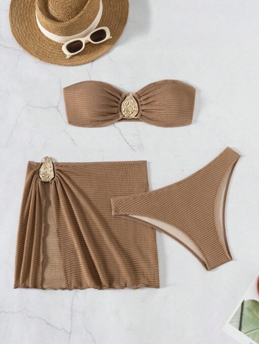 SHEIN 3pcs New Fashion Sexy Solid Color Bikini Set Brown Bathing Suit