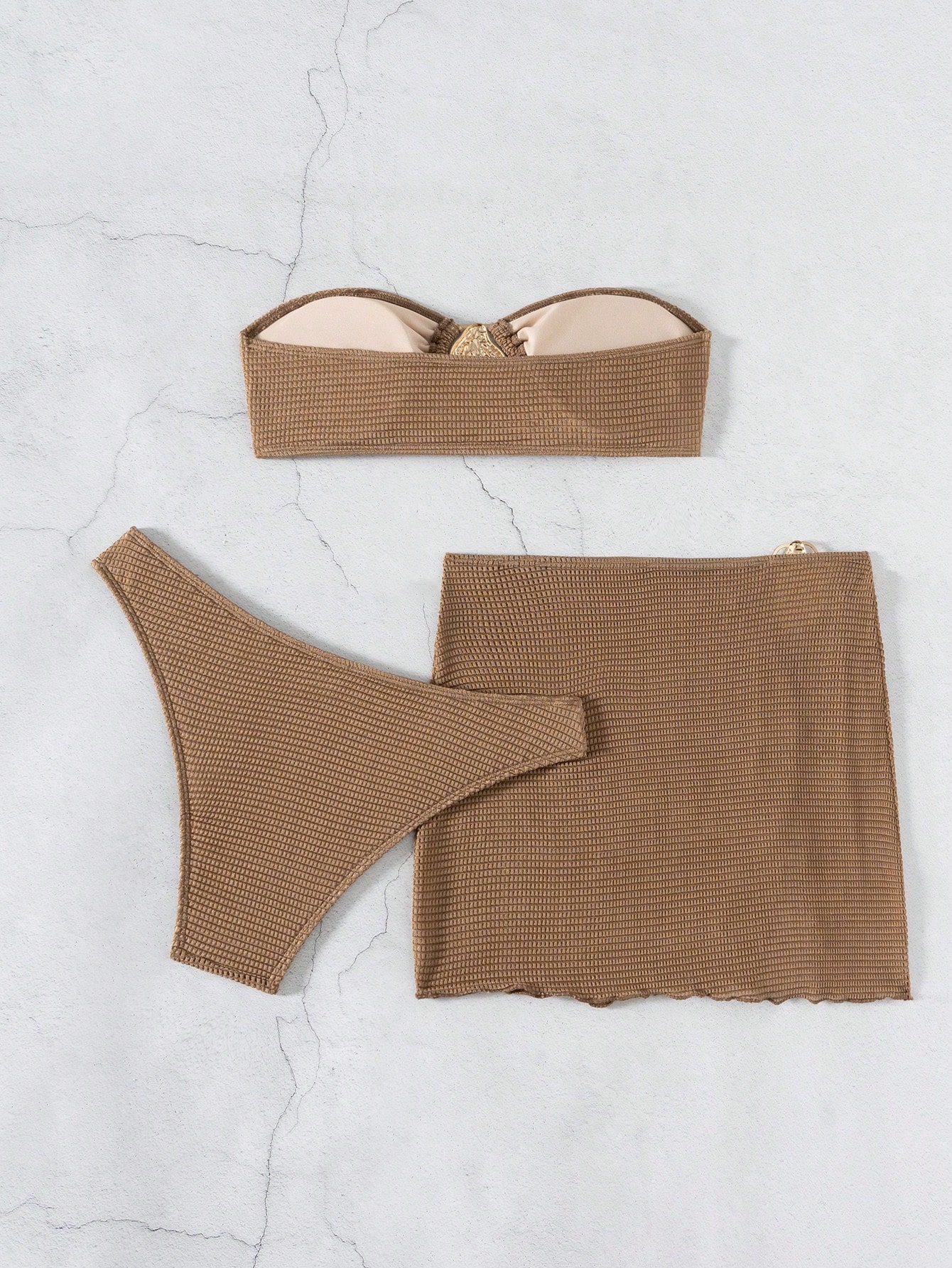 SHEIN 3pcs New Fashion Sexy Solid Color Bikini Set Brown Bathing Suit - Image 4