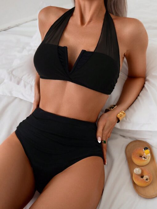 SHEIN Swim Basics Women's Black Tube Top Mesh Halter Swimwear - Image 3