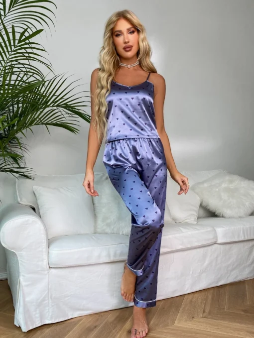 SHEIN Allover Heart Print Satin PJ Set / Pajama Set - Image 3