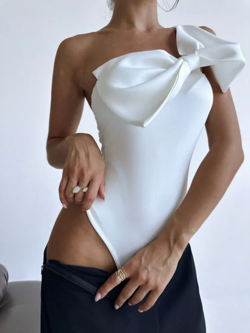 SHEIN Aloruh Women's Elegant One Shoulder Bodysuit With Bowknot - Image 2