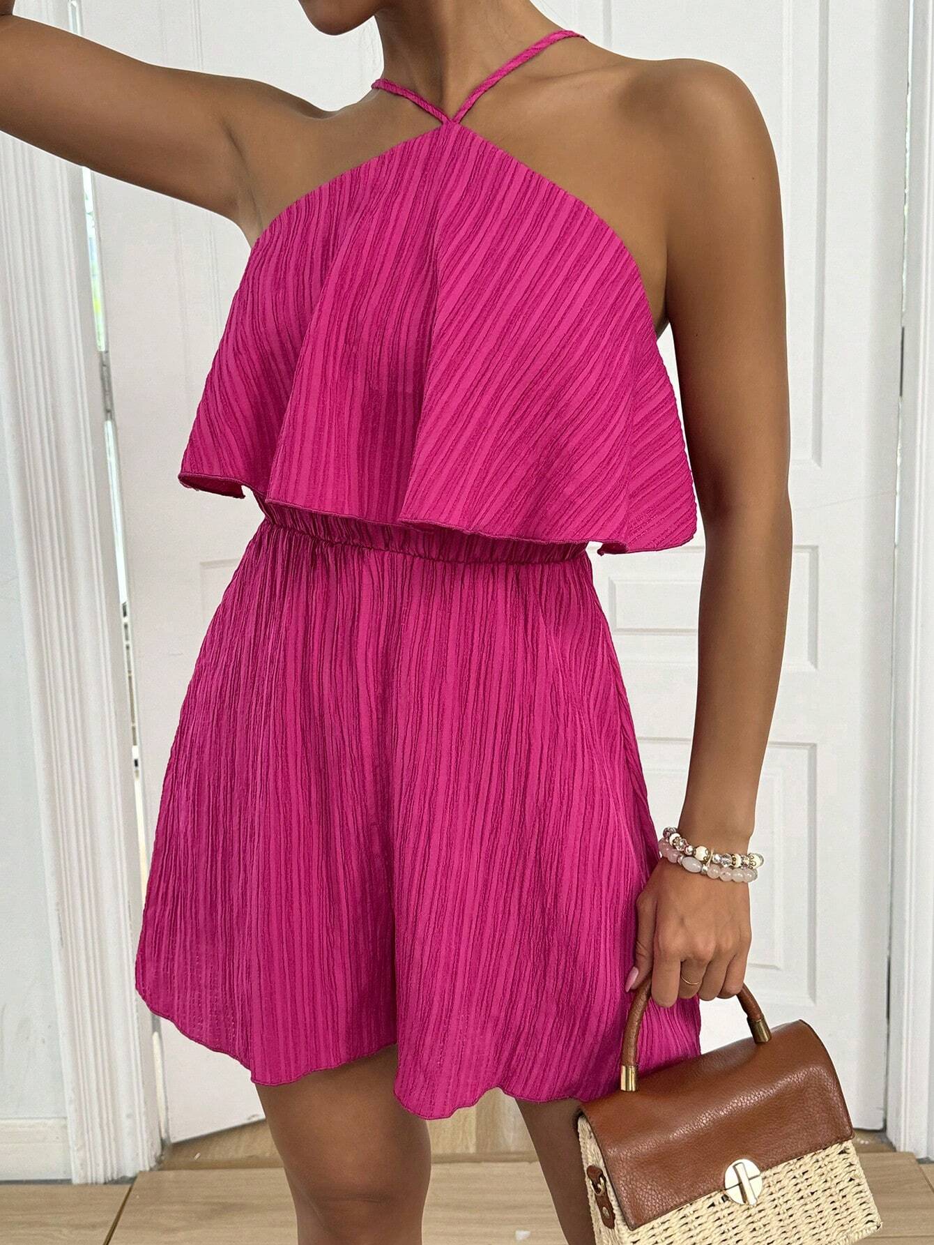 SHEIN Chiquease Women's Shoulder Strap Drawstring Waist Frill Trim Jumpsuit - Image 3