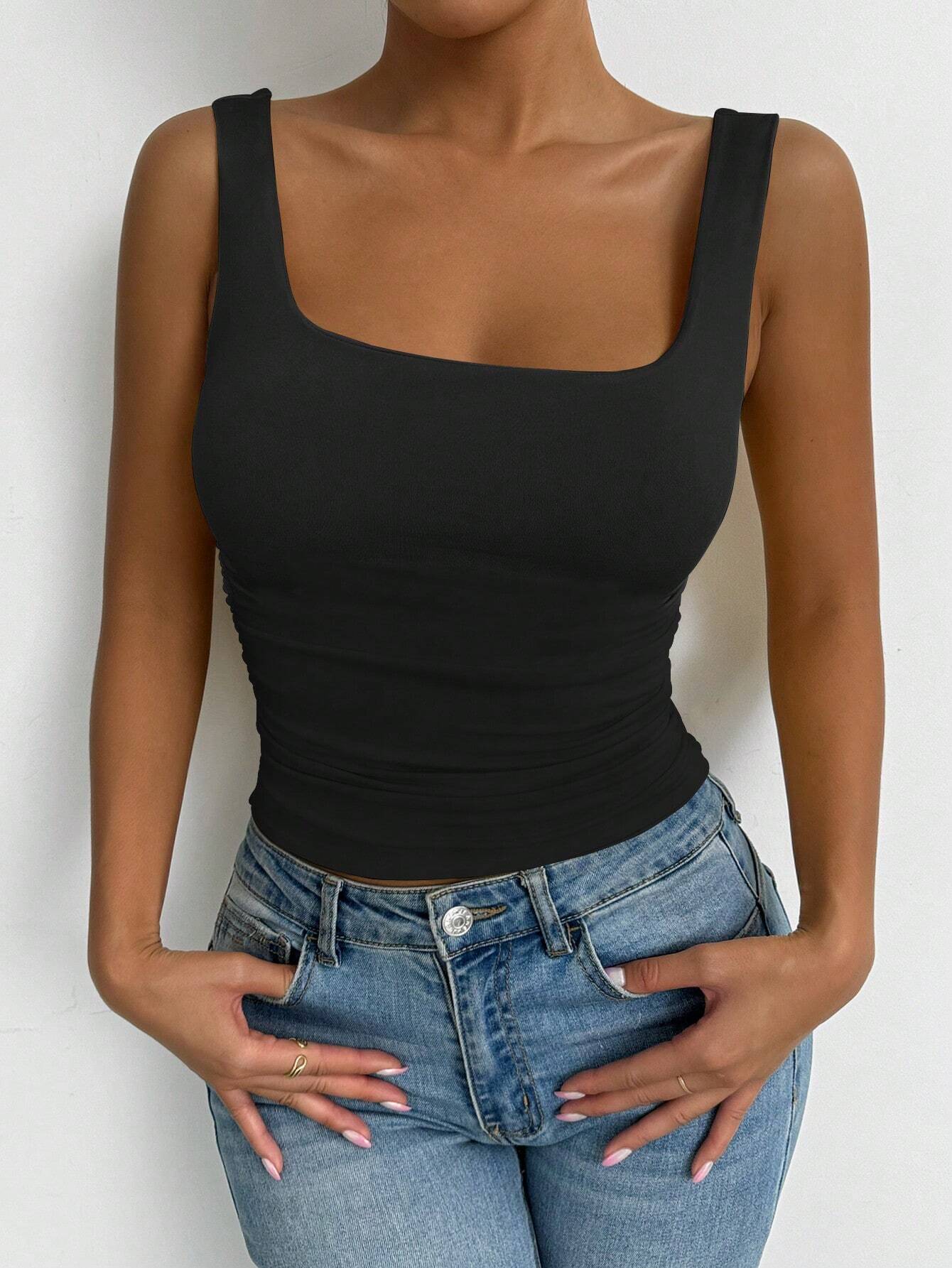 SHEIN Chiquease Women's Solid Color Simple Daily Wear Square Neck Camisole Top