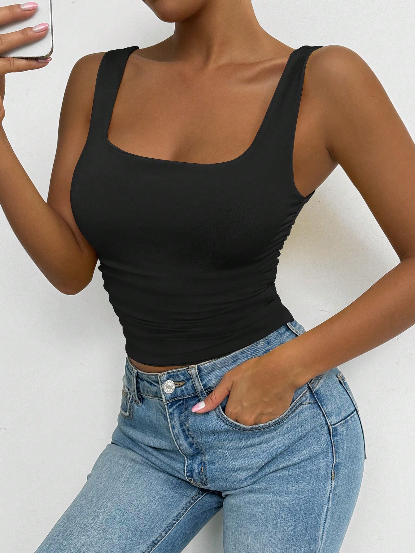 SHEIN Chiquease Women's Solid Color Simple Daily Wear Square Neck Camisole Top - Image 3