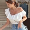 SHEIN DAZY Women's Casual Solid Color Asymmetrical Neck Ruffle T-Shirt