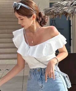 SHEIN DAZY Women's Casual Solid Color Asymmetrical Neck Ruffle T-Shirt