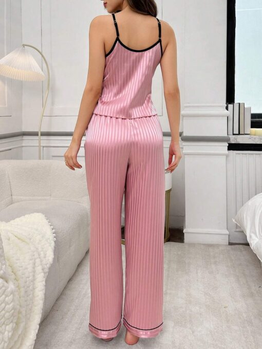 SHEIN Ladies English Embroidered Faux Silk Striped Camisole And Pants Pajama Set - Image 2