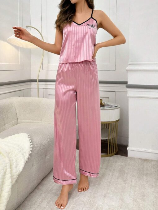SHEIN Ladies English Embroidered Faux Silk Striped Camisole And Pants Pajama Set - Image 3