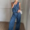SHEIN Livesso Women Front Button Sleeveless Denim Vest & Wide Leg Pants Set