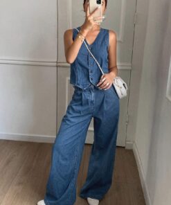 SHEIN Livesso Women Front Button Sleeveless Denim Vest & Wide Leg Pants Set