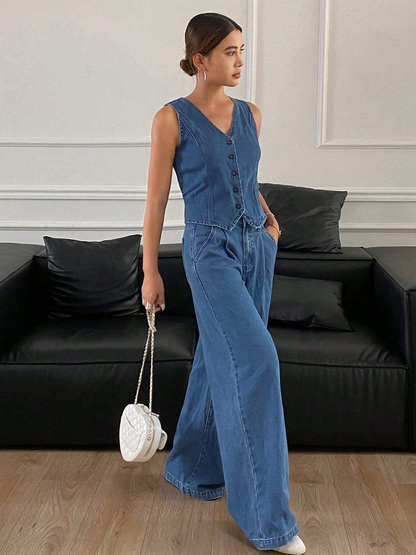SHEIN Livesso Women Front Button Sleeveless Denim Vest & Wide Leg Pants Set - Image 3