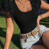 SHEIN Privéa Spring Break Ruffle Trim Scoop Neck Butterfly Sleeve Peplum Tee
