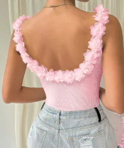 SHEIN Rafferiza Flower Applique Backless Slim Fit Ribbed Tank Top