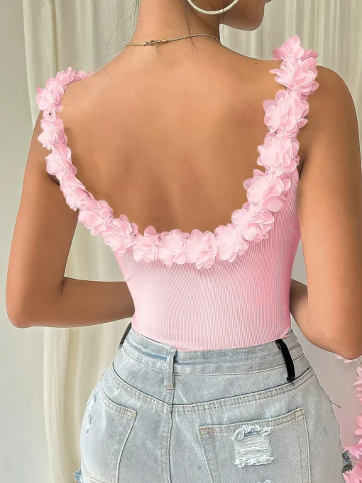 SHEIN Rafferiza Flower Applique Backless Slim Fit Ribbed Tank Top