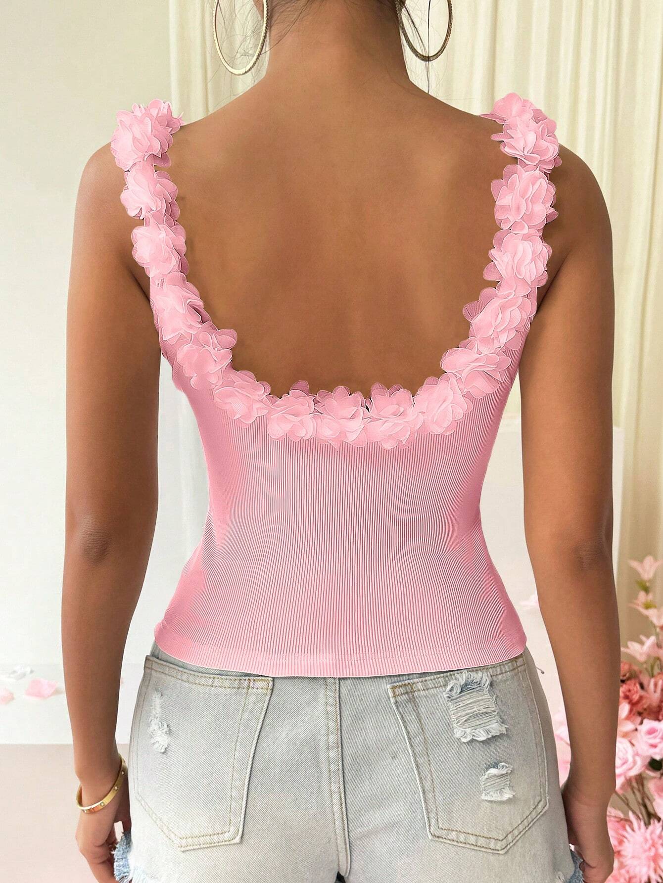 SHEIN Rafferiza Flower Applique Backless Slim Fit Ribbed Tank Top - Image 2