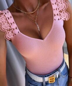 SHEIN Rafferiza Guipure Lace Panel Ribbed Knit Tank Top