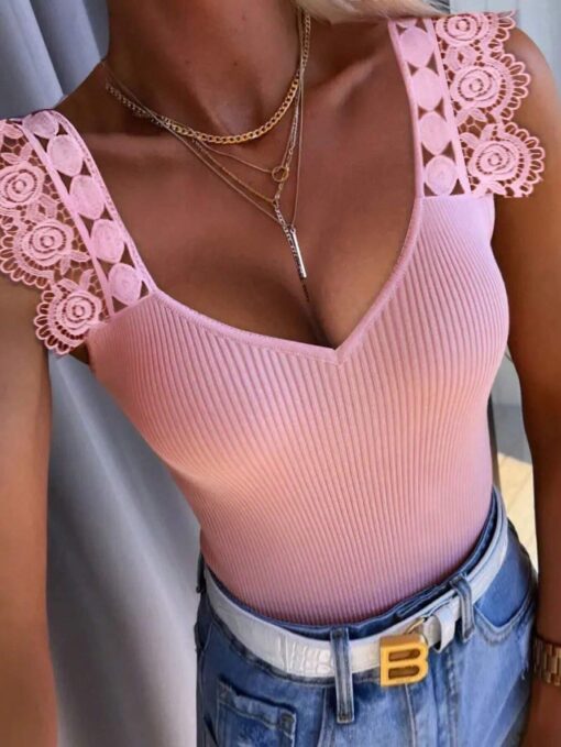 SHEIN Rafferiza Guipure Lace Panel Ribbed Knit Tank Top