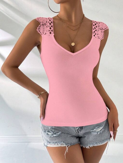 SHEIN Rafferiza Guipure Lace Panel Ribbed Knit Tank Top - Image 3
