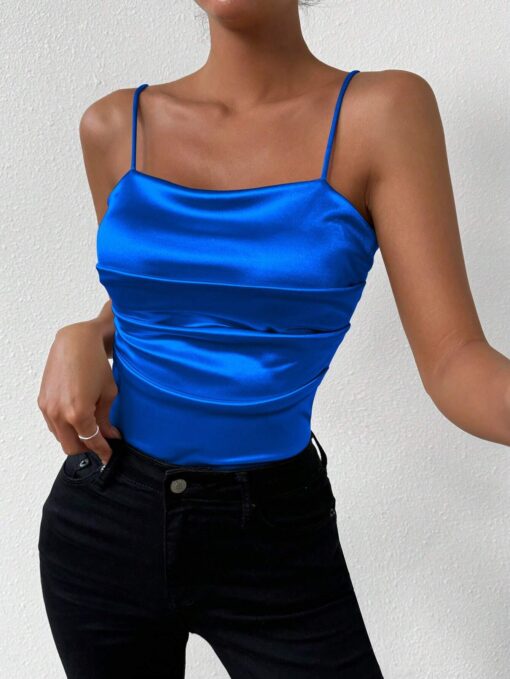 shein Rafferiza Women's Solid Color Fashion Pleated Camisole Top