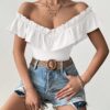 Rafferiza Women's Vacation Solid Color Off Shoulder Ruffles Fashion T-Shirt