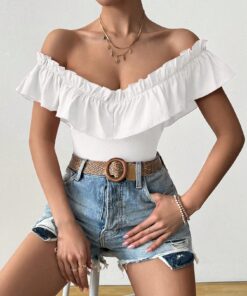 Rafferiza Women's Vacation Solid Color Off Shoulder Ruffles Fashion T-Shirt