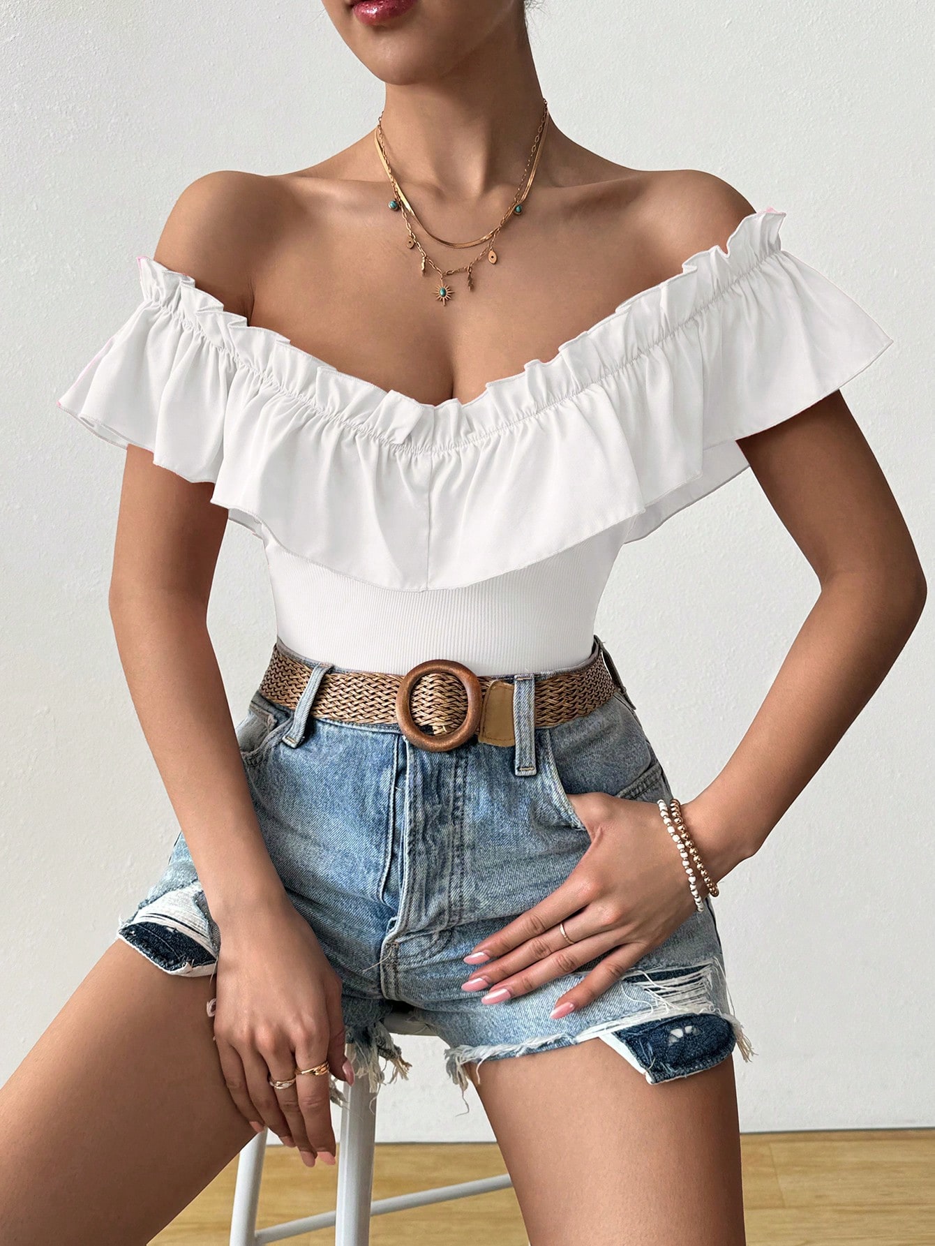 Rafferiza Women's Vacation Solid Color Off Shoulder Ruffles Fashion T-Shirt