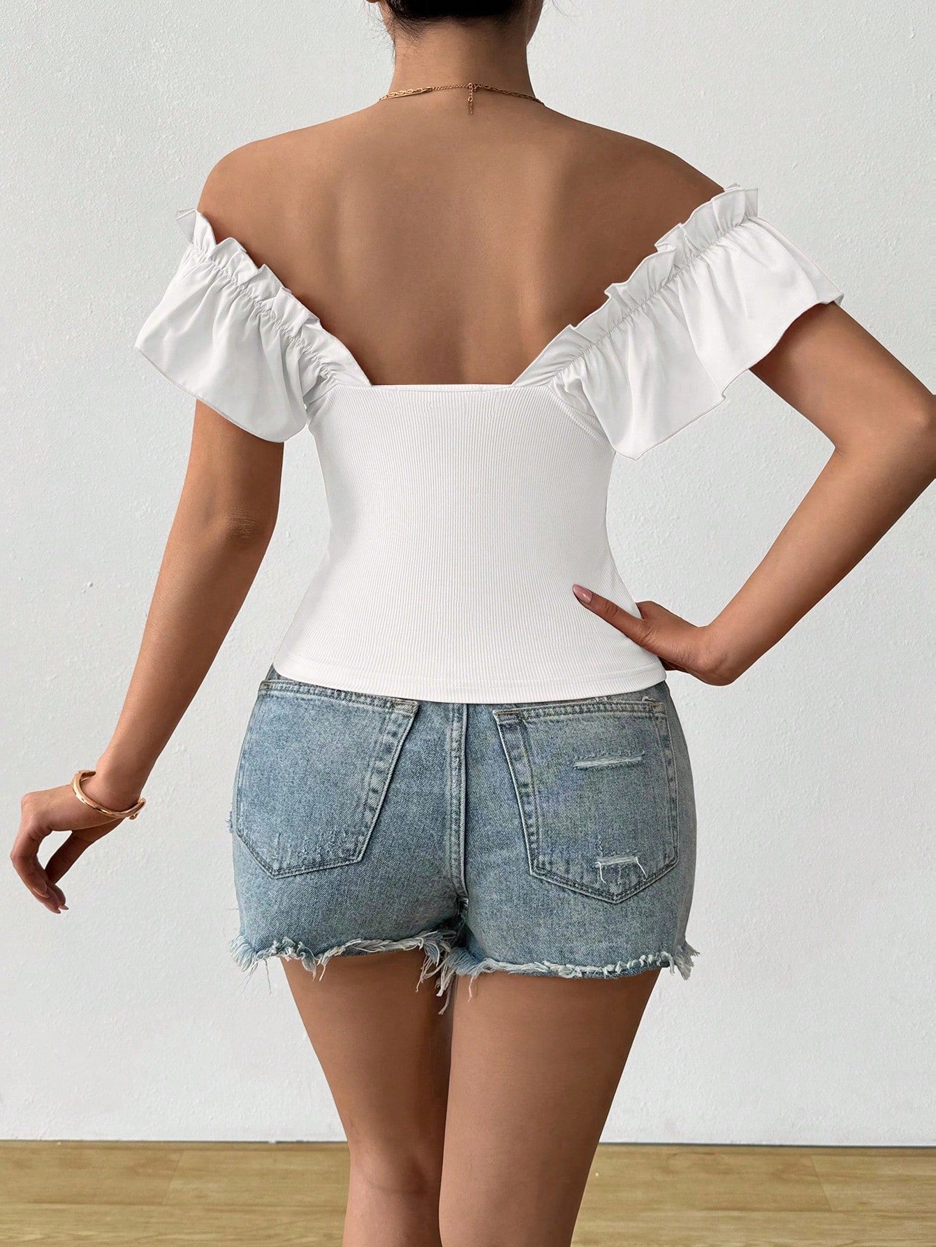 SHEIN Rafferiza Women's Vacation Solid Color Off Shoulder Ruffles Fashion T-Shirt - Image 2
