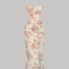 SHEIN MOD Women Vintage Floral Print Ruched Slit Midi Dress