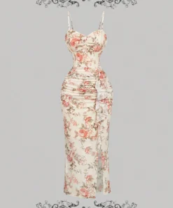 SHEIN MOD Women Vintage Floral Print Ruched Slit Midi Dress