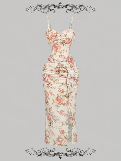 SHEIN MOD Women Vintage Floral Print Ruched Slit Midi Dress