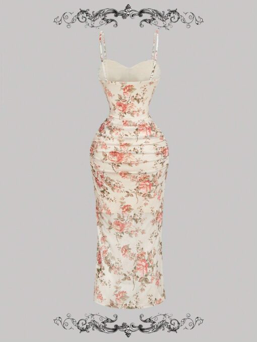 SHEIN MOD Women Vintage Floral Print Ruched Slit Midi Dress - Image 2