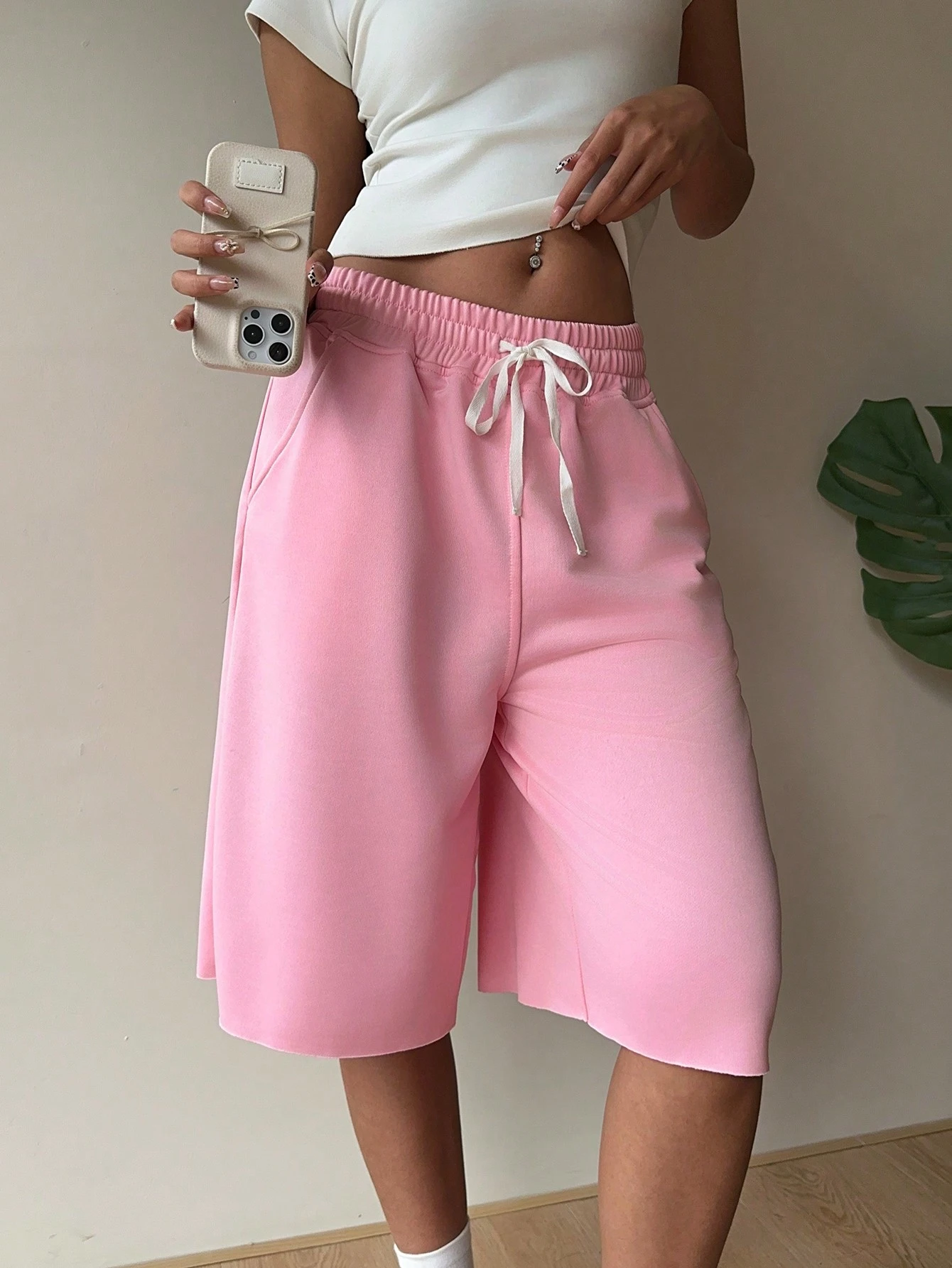 SHEIN EZwear Pink Knitted Wide Leg Bermuda Shorts