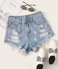 SHEIN EZwear Raw Hem Ripped Denim Shorts